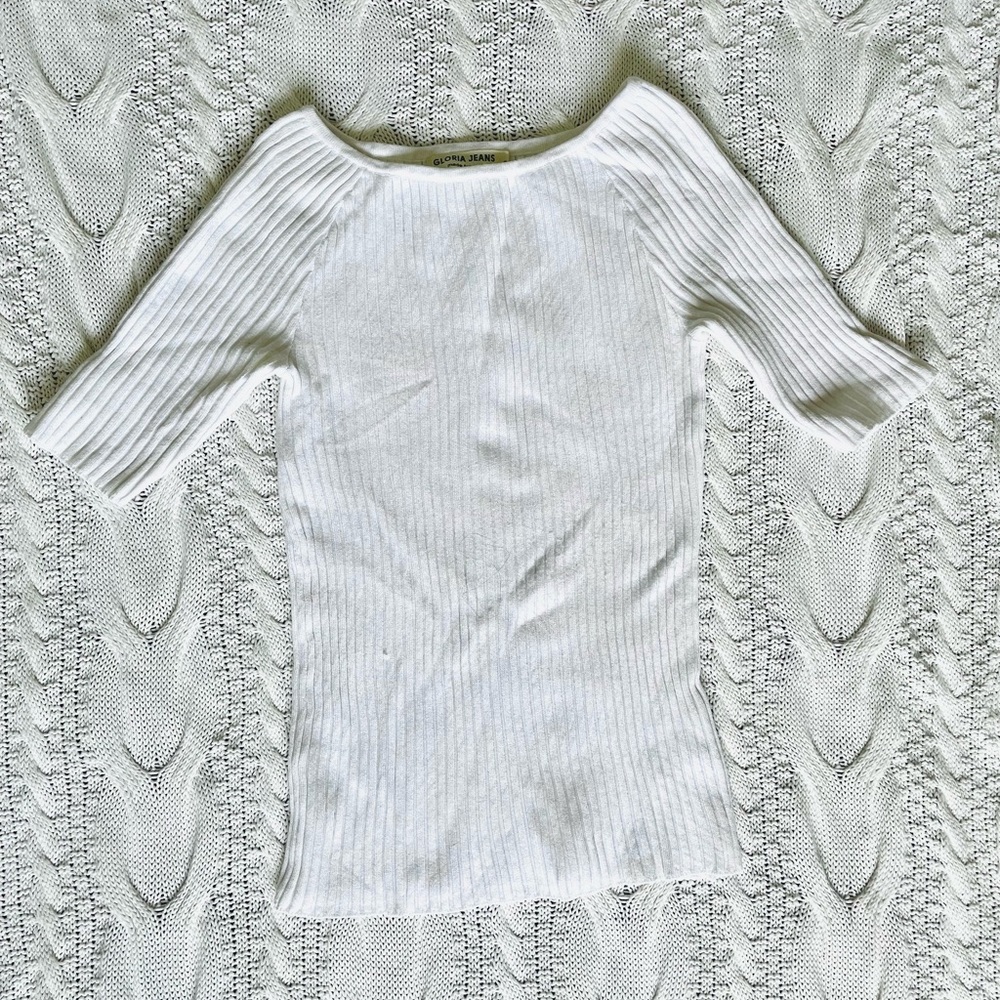 Gloria Jeans Ribbed Boat Neck Top XS White Viscose Blend